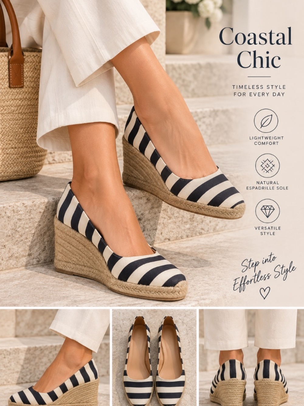 Blue and White Striped Espadrille Wedges